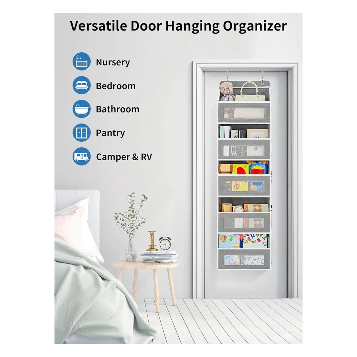 Over the Door Organizer Storage,5 Shelf Hanging Door Organizer with 5 Capacity Pockets, Door Organizer Gray