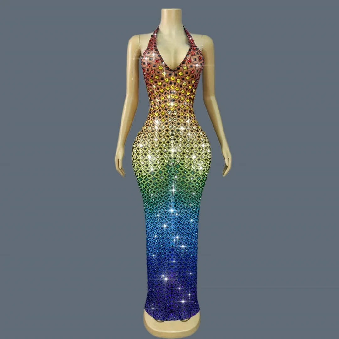 Sexy Deep V Neck Rainbow Gradient Rhinestone Mermaid Dress Women Sheer Mesh Long Dresses Nightclub Party Costume Qicailliulijia