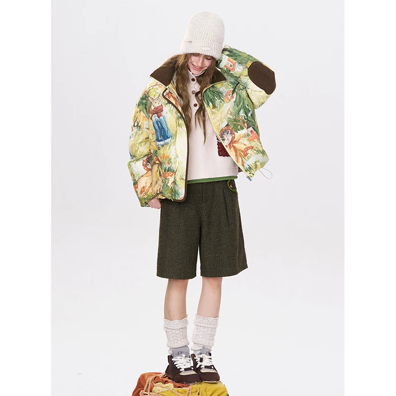 ELFSACK Y2K Cottagecore Loose Forest Animal Graphic Convertible Collar Short Down Jacket For Women
