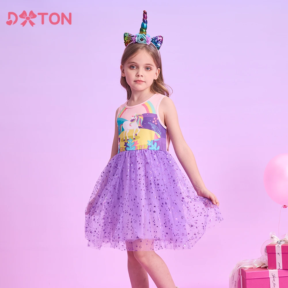 

DXTON New Kids Princess Dress Sleeveless Toddler Cotton Clothing Licorne Rainbow Plants Printed Summer Holiday Children Dresses