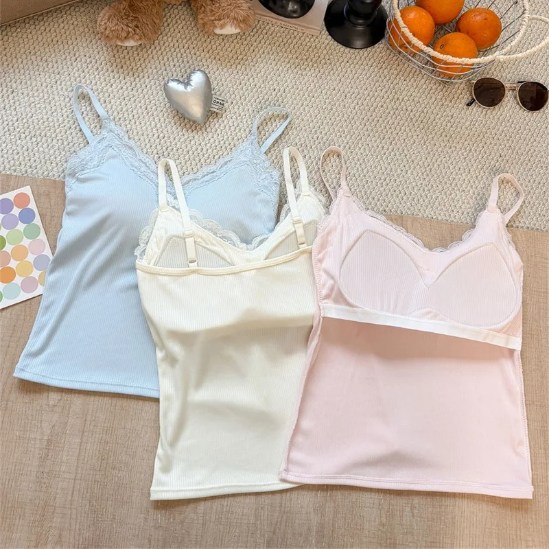 Spaghetti Strap Camis 2026 Summer Lace Ribbed Women Tank Top With Built In Bra Pads Slim Fit Crop Top For Inner & Outer Wear