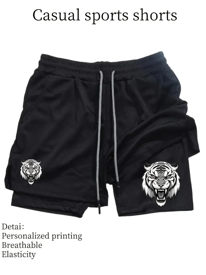 شورت رياضي رجالي سريع الجفاف شورت شبكي يسمح بالتهوية مع تصميم طباعة النمر في صالة الألعاب الرياضية برباط مطاطي وحزام خصر للتمرين