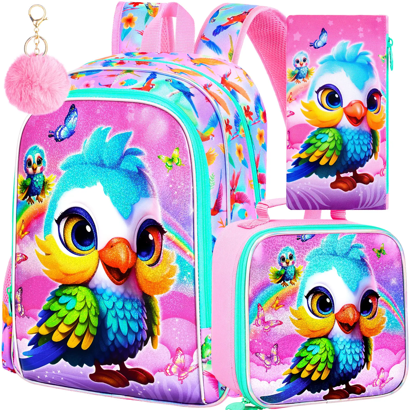 

3PCS Backpack for Girls, 16'' Kids Parrot Preschool Bookbag Set, Cute Animal Water Resistant School Backpacks