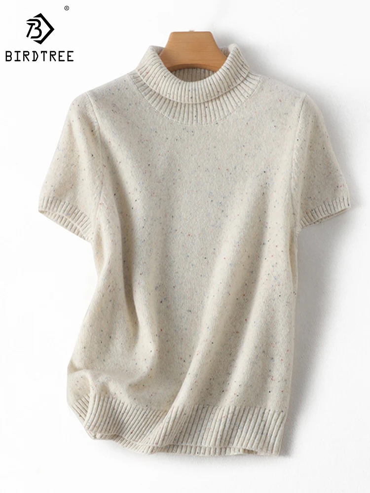 BirdTree 100%Wool Pullover,High Neck Simple Loose Short Sleeve,Versatile Comfortable Commute Layering Sweater Fall T41544QD