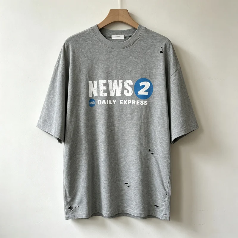 Washed Hole Damaged News 2 Daily Express Nonnod T Shirt Men Women  Black Gray Loose High Quality Short Sleeve Cotton Tops Tee