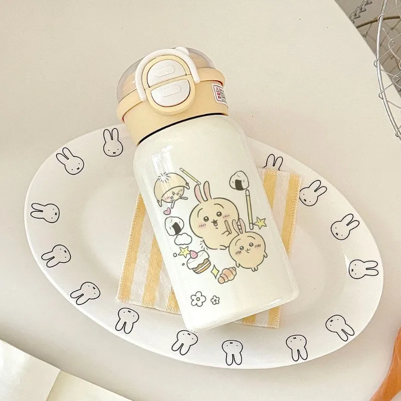 Chiikawa Usagi Kawaii Anime Cartoon Delicious Cuisine Yellow Double Drink with Lid Thermos Cup Mug Cute Exquisite Personality
