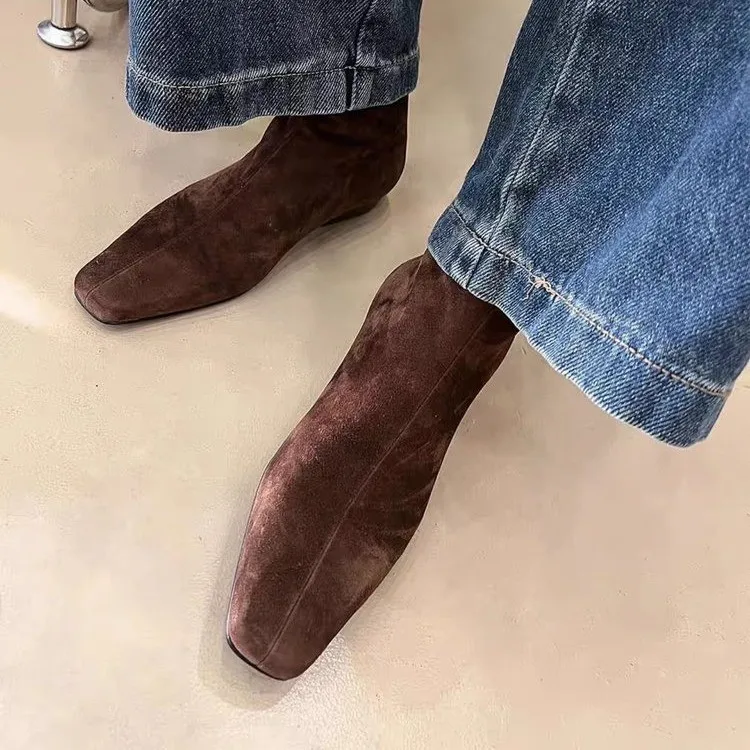 Botines cortos de felpa de invierno para mujer, botines cortos con punta cuadrada a la moda, botines Largas elegantes de tacón bajo para mujer
