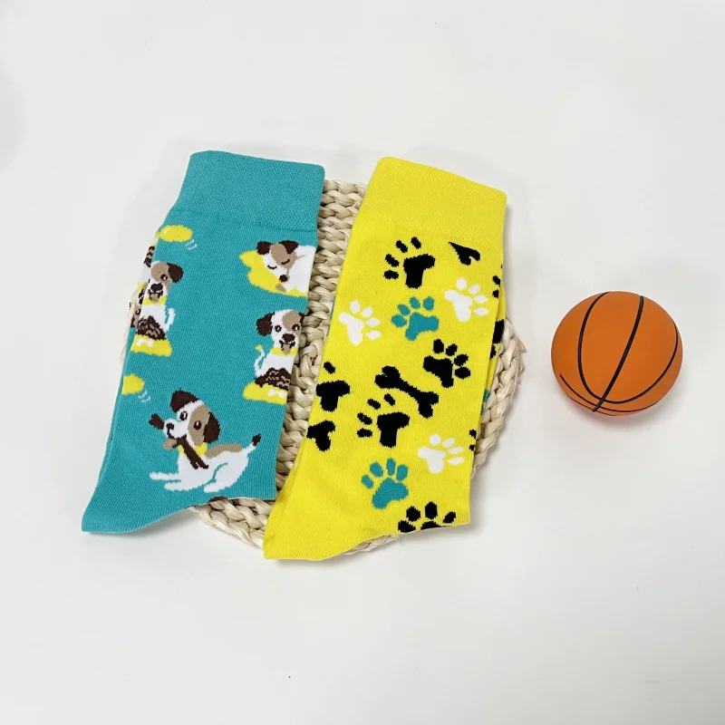1 Pair Cartoon Cute Puppy and Footprint AB Style Trendy Personalized Men\'s Mid-Calf Socks