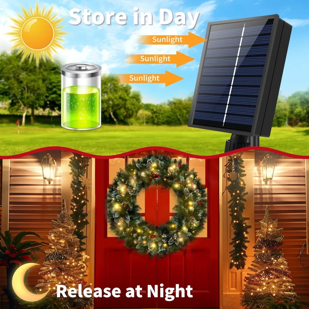 Solar Wreath with 250 LED Lights, 48 inch Large Christmas Wreath with Solar Lights 8 Mode