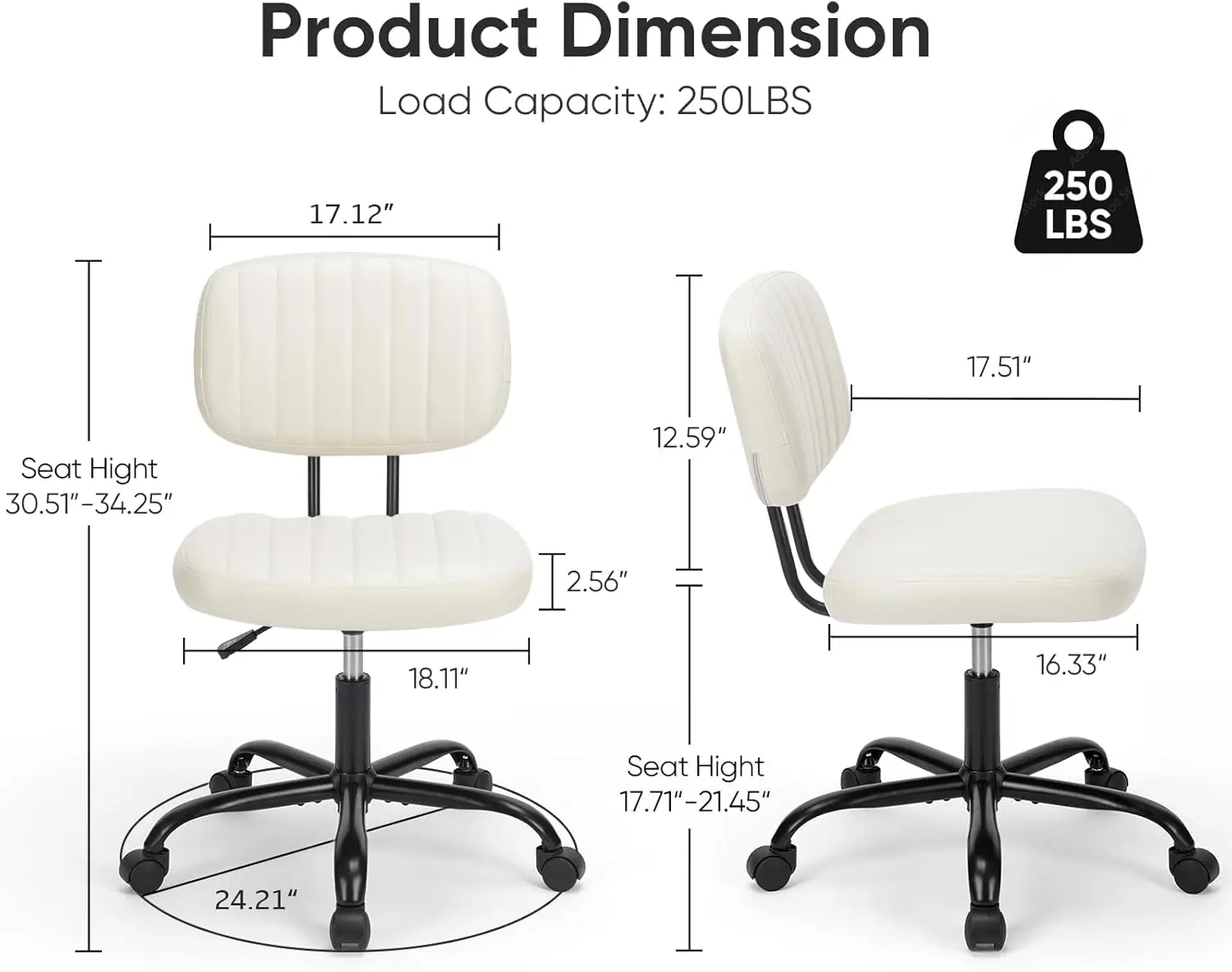 Armless Home Office Desk Chair -Small Ergonomic with Low Back Lumbar Support, Height Adjustable PU Leather Computer