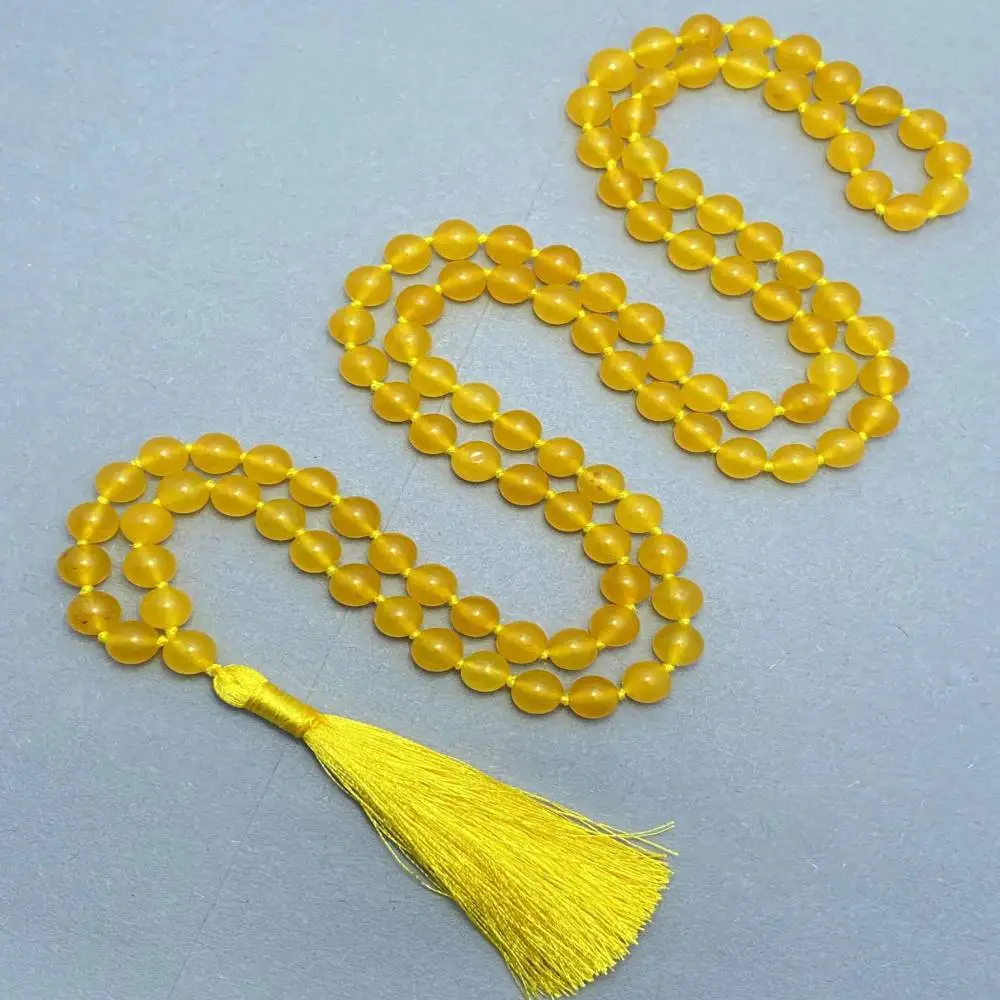 

Natural Yellow Jade / Amber 108 Mala Beads Necklace Joy & Abundance Healing Crystal Jewelry