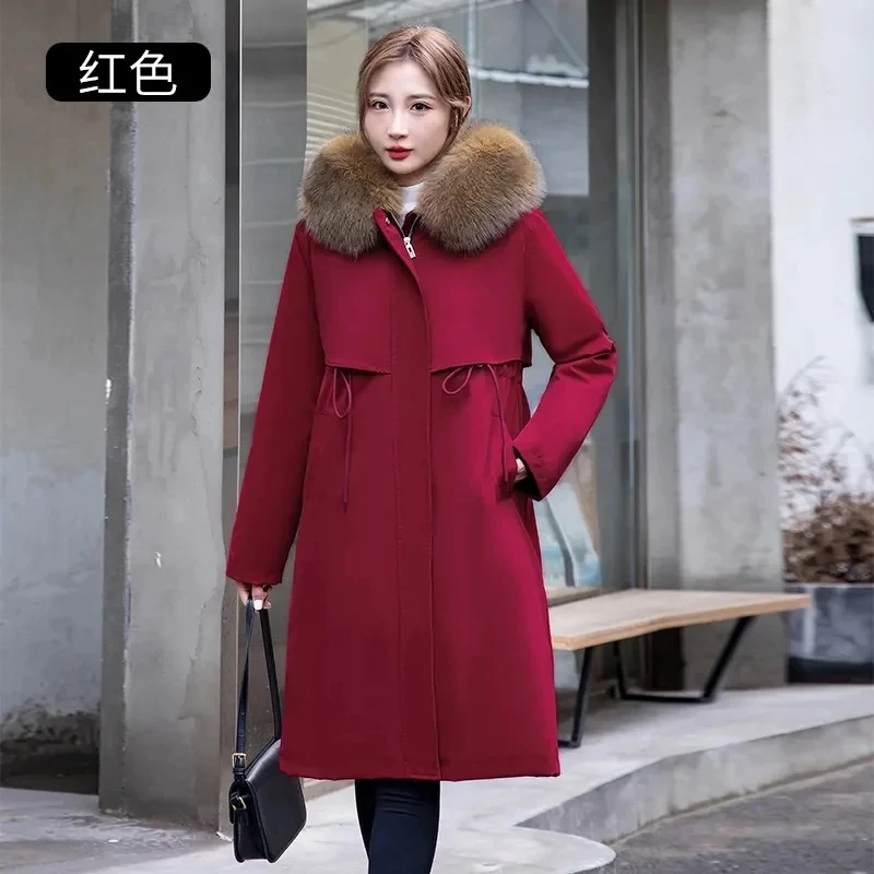 2023Winter New Pai Overcome Women Coat Long Fur Jacket Liner Removable Fox-like Fur Collar Wool Coat Female Parkas Thickened Top