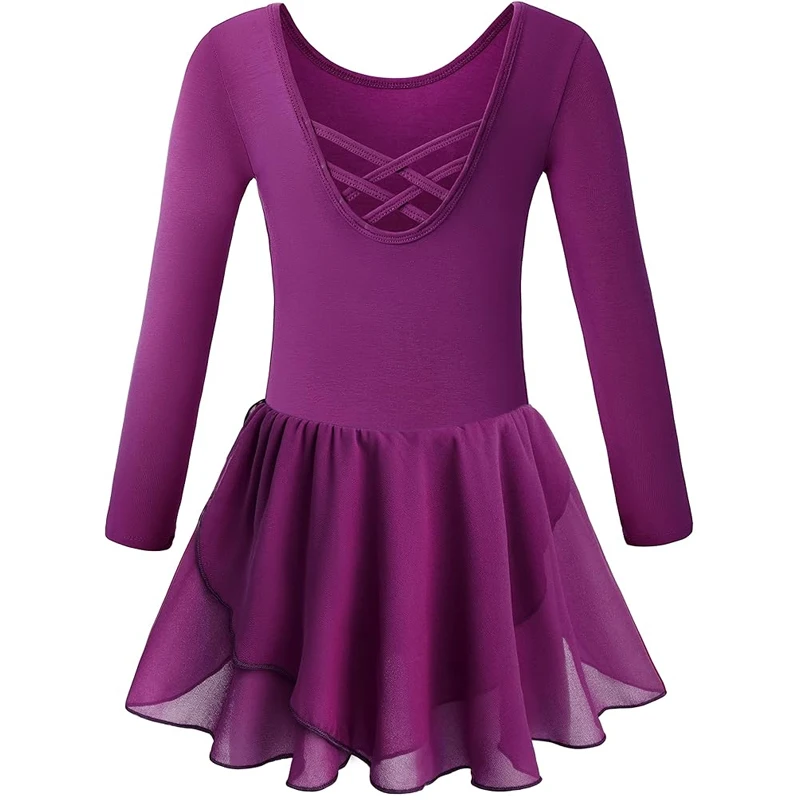 Justaucorps de Ballet à manches longues pour filles, avec jupe, robe de danse croisée dans le dos creux, vêtements de Ballet pour tout-petits