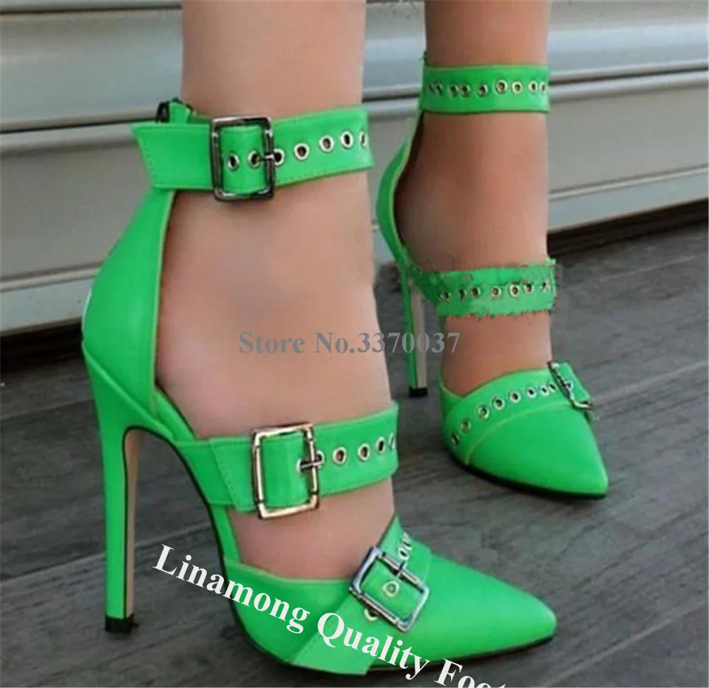 Linamong Metal Buckles Straps Stiletto Heel Pumps Newest Pointed Toe Blue Pink Green Matte Leather Ankle Straps Thin Heel Shoes