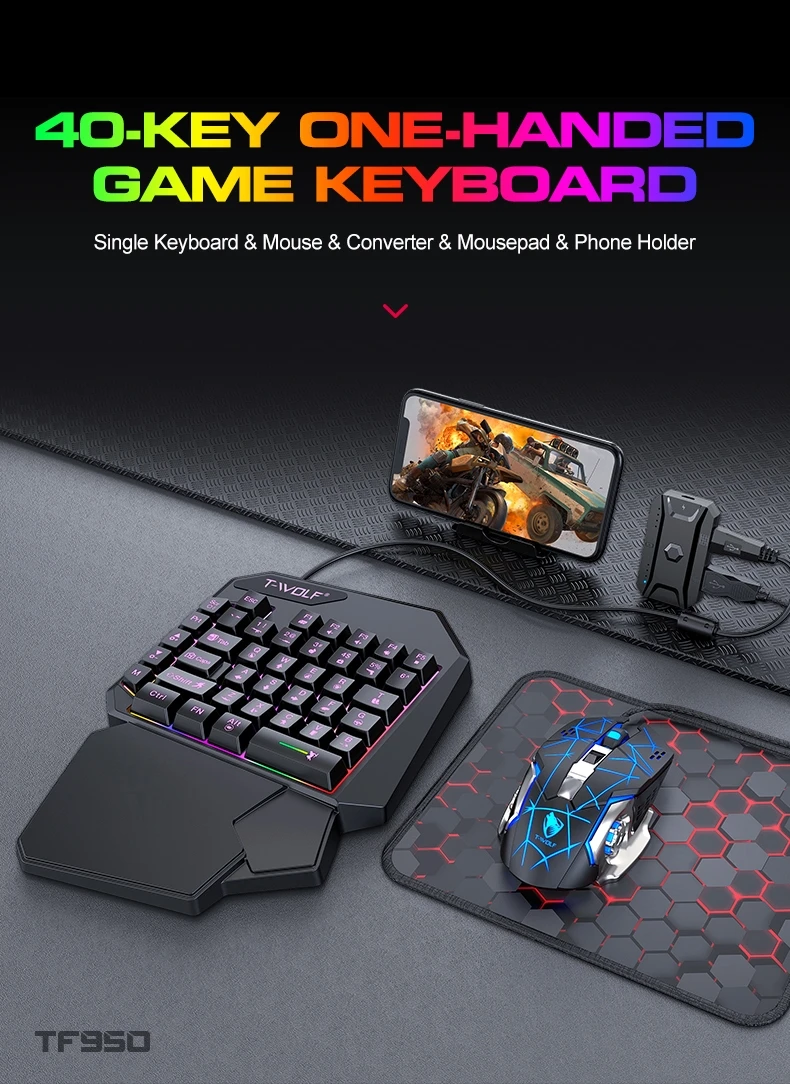 40keys Gaming Keyboard Set One Hand Keyboard Mouse Converter Usb Wired Backlight Keyboard for Laptop Desktop PC Smartphone