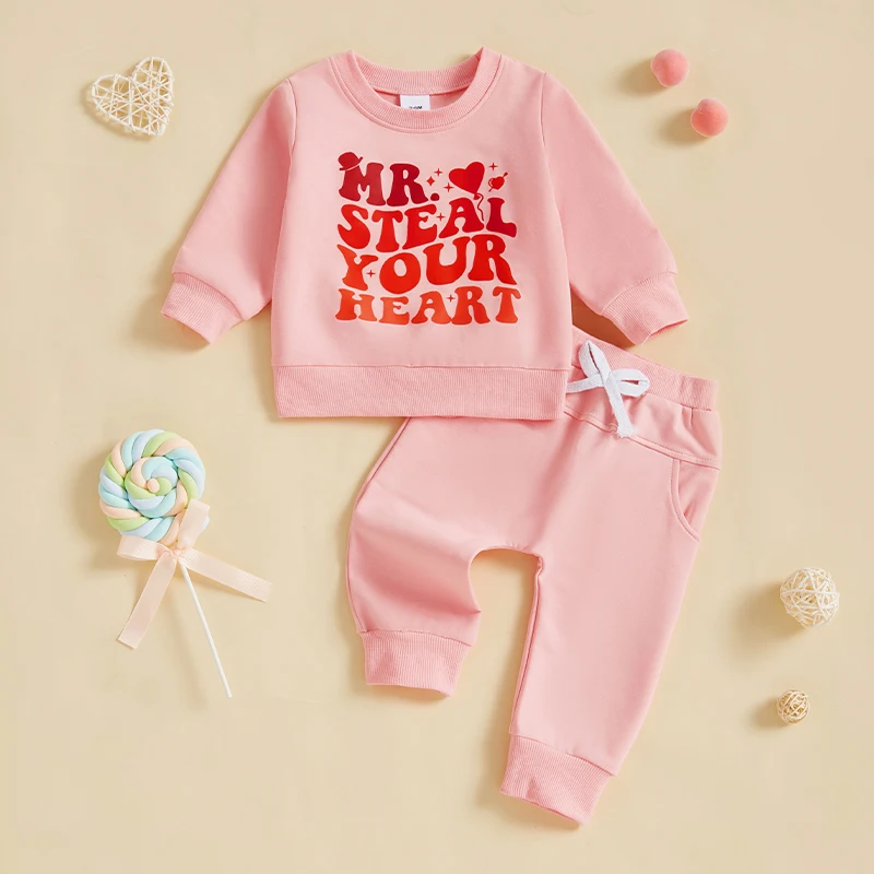 Girls 2-Piece Valentine s Day Outfit with Long Sleeve O Neck Heart Print Top and Solid Color Pants - Toddler Girls Set