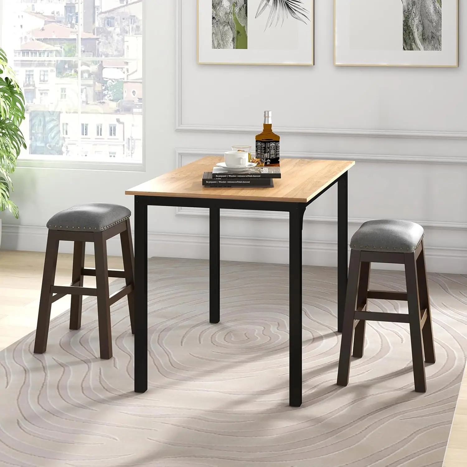 Costway-Saddle Stools Set, Counter Altura Cadeiras, Nailhead Trim, assento acolchoado, borracha madeira pernas, moderno, 4, 24,5 polegadas