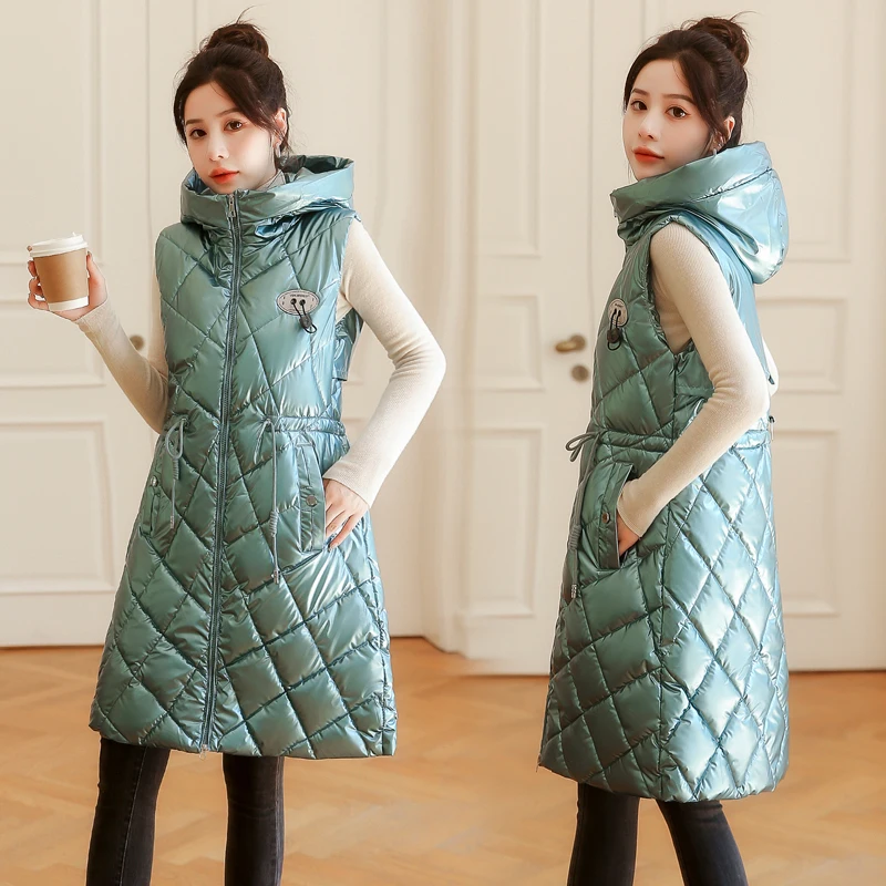 Glossy Wash-Free Women's Mid-Length Cotton Vest Autumn Winter Thickened Korean Style Waist-Cinching Hooded Cotton Jacket