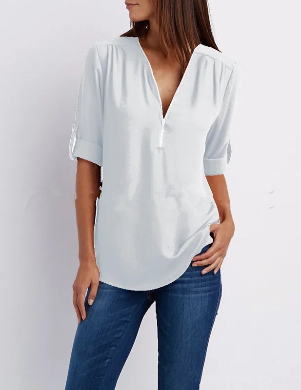 Zipper Short Sleeve Women Shirts Sexy V Neck Solid Color Loose Chiffon Blouse Top Office Lady Casual Oversize T-shirt