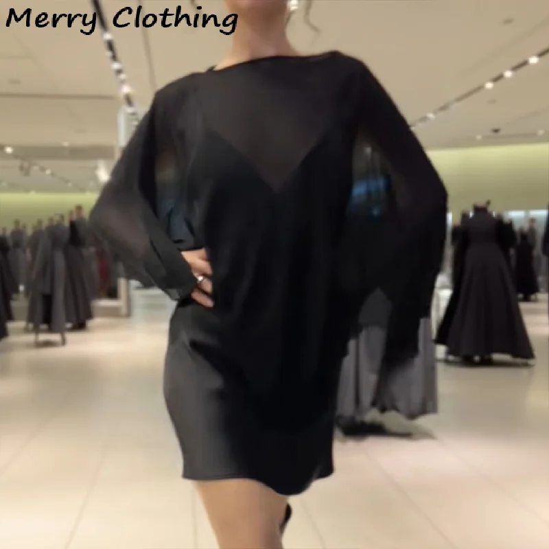 Elegantes, gestapeltes kurzes Satinkleid für Damen mit V-Ausschnitt, verstellbarer Spaghettiträger, geteilt, durchsichtiger Kittel, NEU, durchsichtige Damenkleider