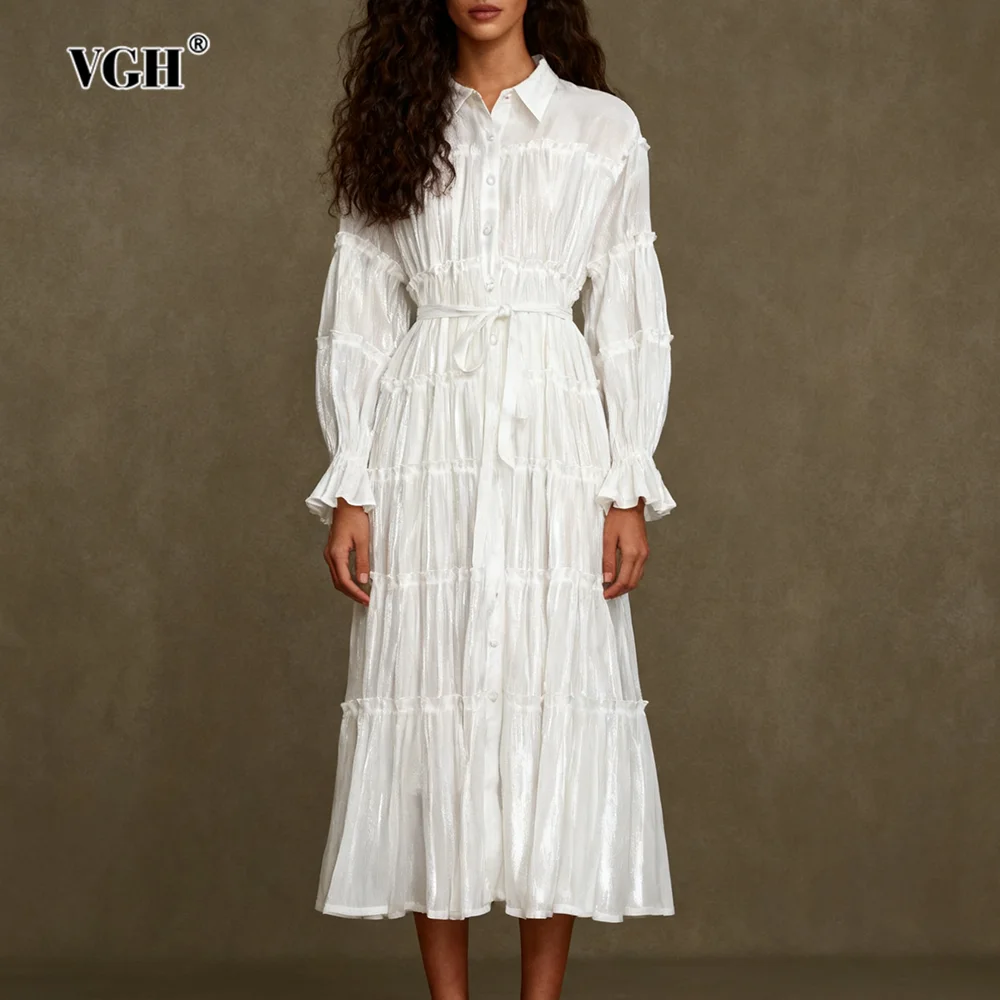 VGH 솔리드 프렌치 엘레강트 스플릿 드레스 여성용 라펠 랜터 슬리브 하이 웨이스트 스플라이스드 레이스업 드레이프 드레스 여성 패션 신상