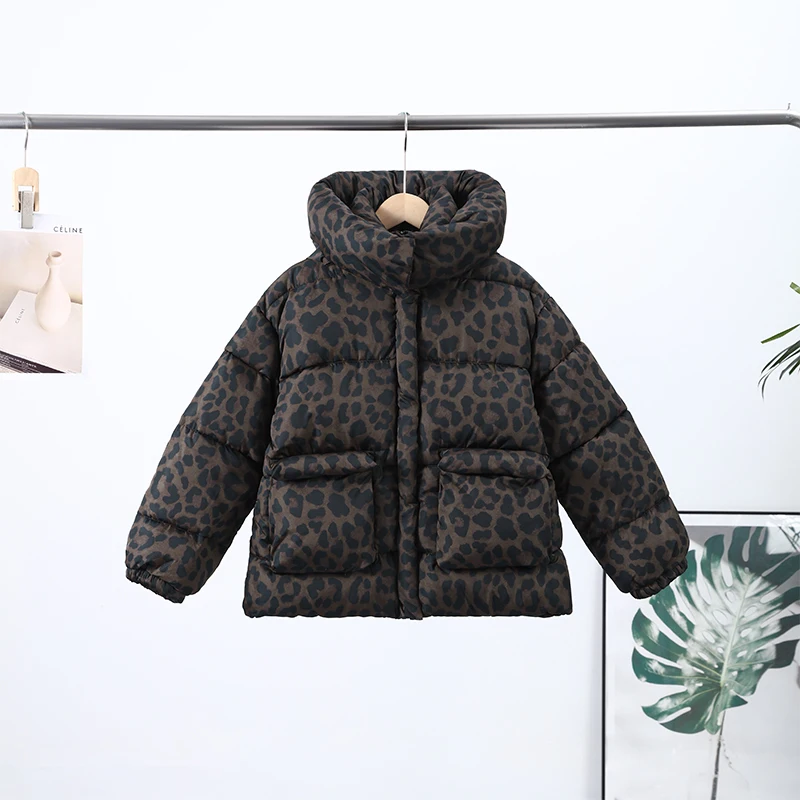 Women's Leopard Print Hooded Cotton Padded Jackets Stand Collar Zipper Short Puffy Coats 2026 Winter Lady Street Warm Outerwear