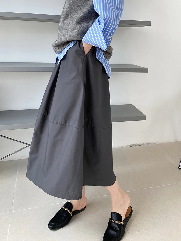 [LANMREM] A-line Elastic High Waist Skirts For Women Solid Mid-length Minimalism Loose Female Clothing 2024 Summer New 26D9008