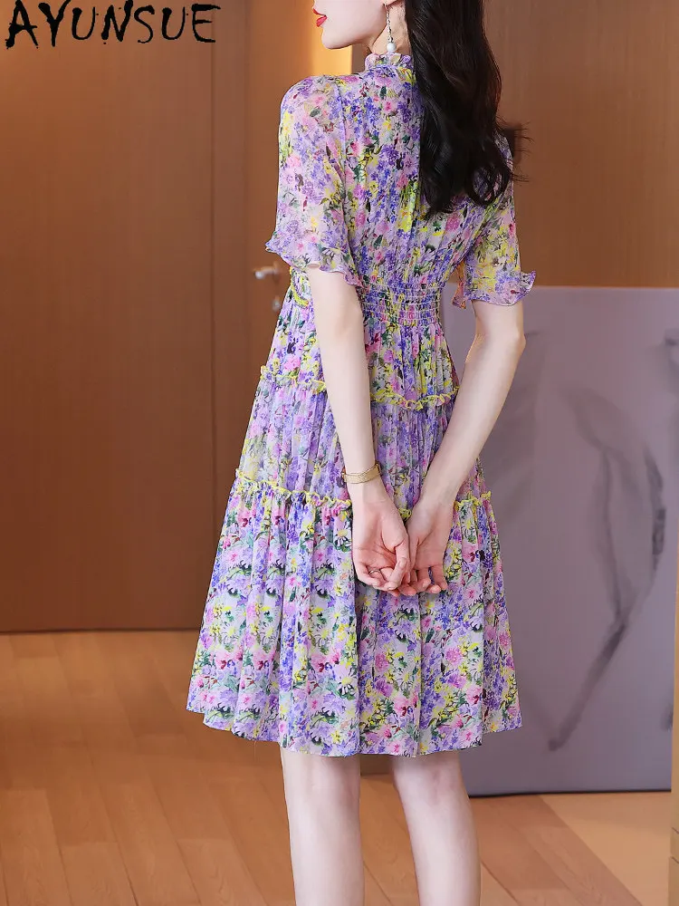AYUNSUE 100% Natural Mulberry Silk Beach Dress Woman Fashion Summer Dress Elegant Dresses for Women Print Vestidos De Mujer