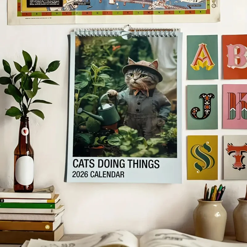 2026New Year Calendar，Working Cat Wall Calendar，Skiing Cat，Cat Drinking Coffee，Wall Decoration Hanging Calendar