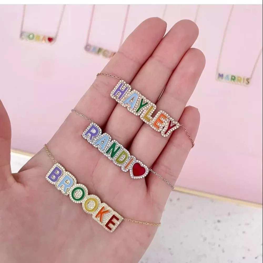 Personalized Name Necklace Custom Name Necklaces Rainbow Colorful DIY Zircon Letter Pendant Necklace Chain for Birthday Gift