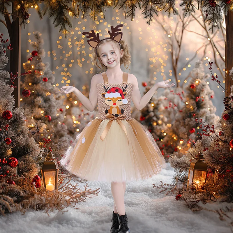 

Girls' Mini Length Christmas Elk and Deer Tutu Dance Performance Dress with Checkered Hat for Princesses and Cartoons