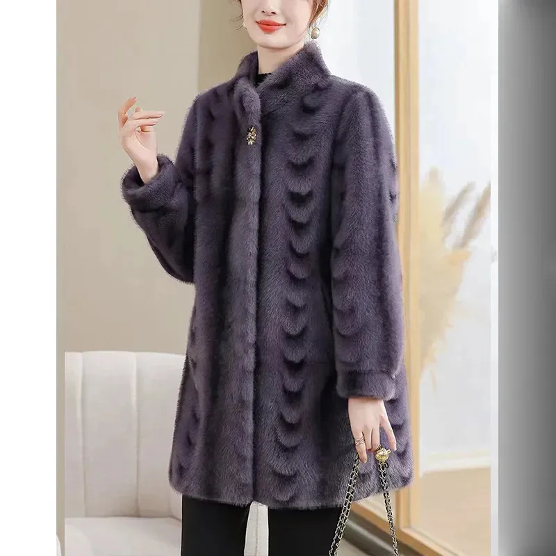 Winter Mid Long Mink Fur Coat New Middle-aged Women Clothing Thick Sheep Shearing Female Imitate Fur Coat Outerwear Overcoat