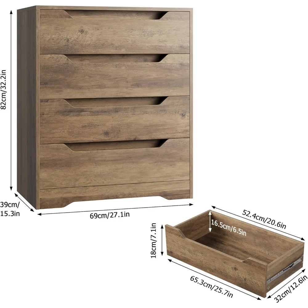 4-drawer brown dressing table, drawer cabinet with storage space, wooden storage cabinet storage unit with hollow handles