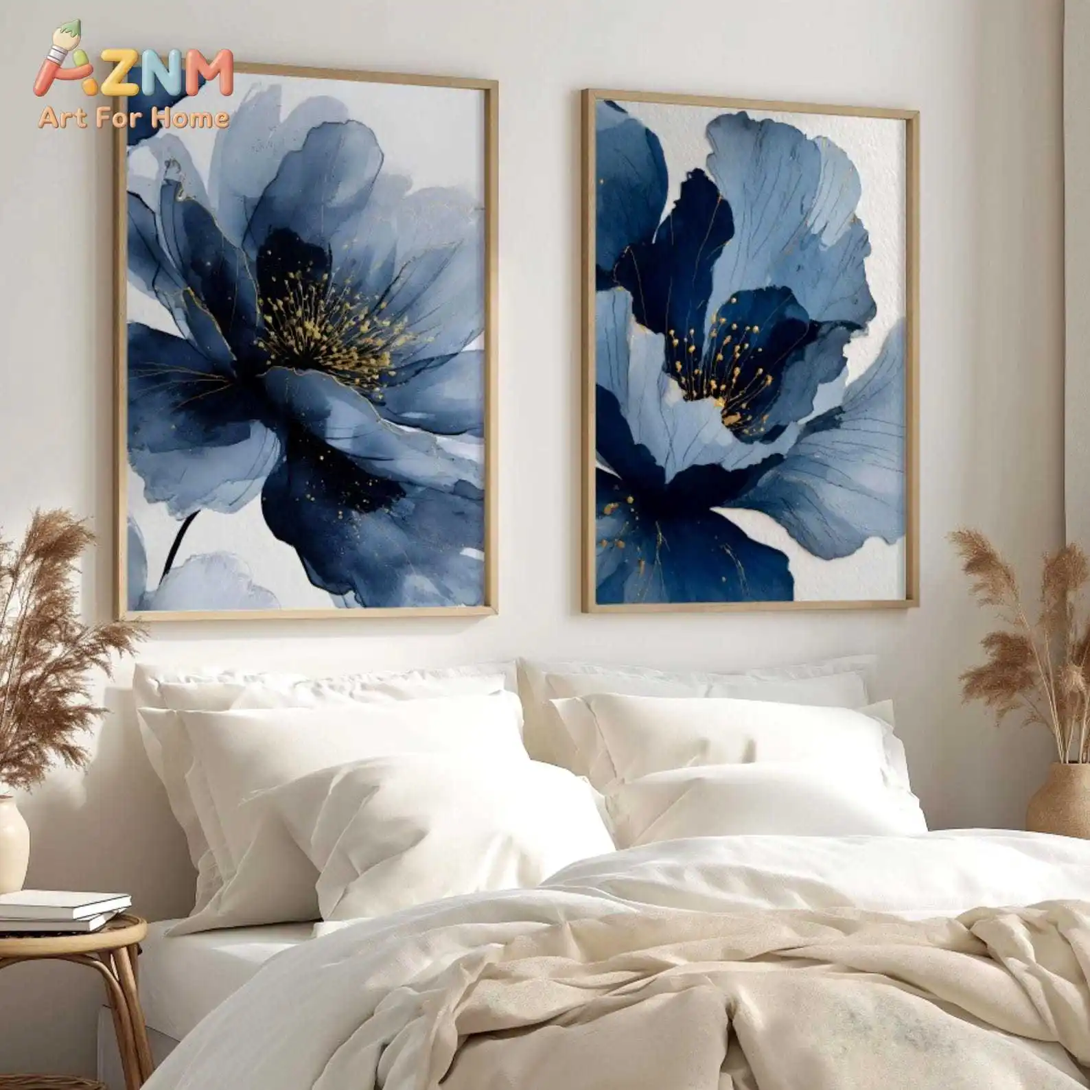 Navy Blue Floral Wall Art Set of 2, Blue Botanical Bedroom Prints, Above Sofa Floral Diptych, Scandinavian Wall Decor