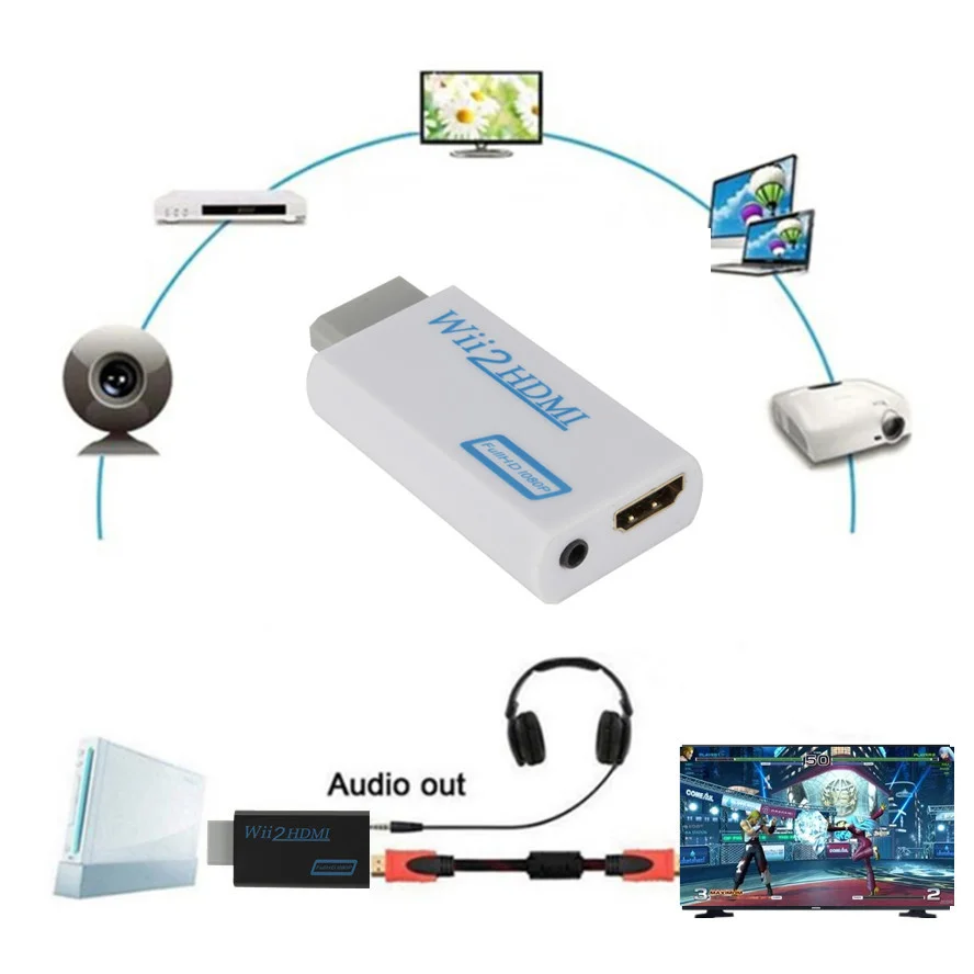 Adaptador convertidor Full HD 1080P compatible con Wii a HDMI, 3,5mm, Audio Wii2 a HDMI, compatible con Monitor de PC HDTV