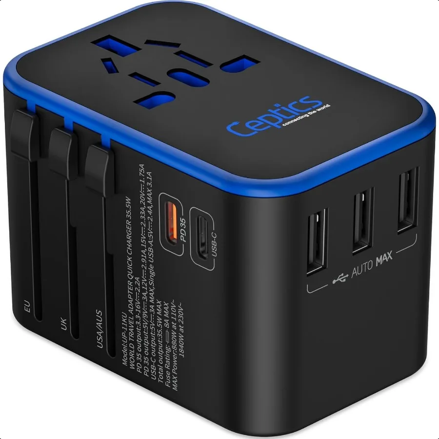 

Universal Travel Adapter 35W International Power Adapter with PD QC 3.0 Dual USBC 3 USB Travel Adapter Worldwide Type I C G A O