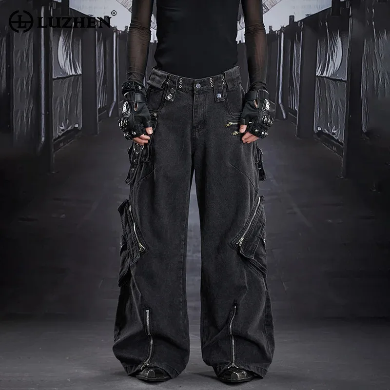 

LUZHEN 2025 New Original Zipper Wide Leg Street Jeans Men's Fashion Multi Pockets Design Straight Cargo Denim Pants Male JY5272