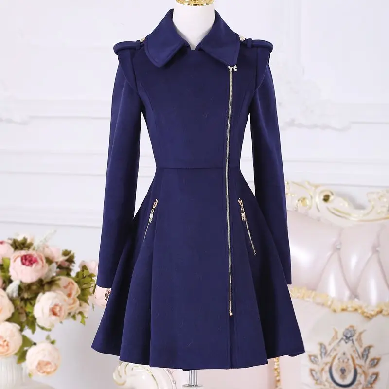 Zipper long sleeved woolen coat women\'s Jacket medium length slim winter thickened navy blue