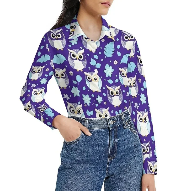 Bold owl blouse, blouses with modern floral feather print, urban fashion shirt for women, loose casual tops