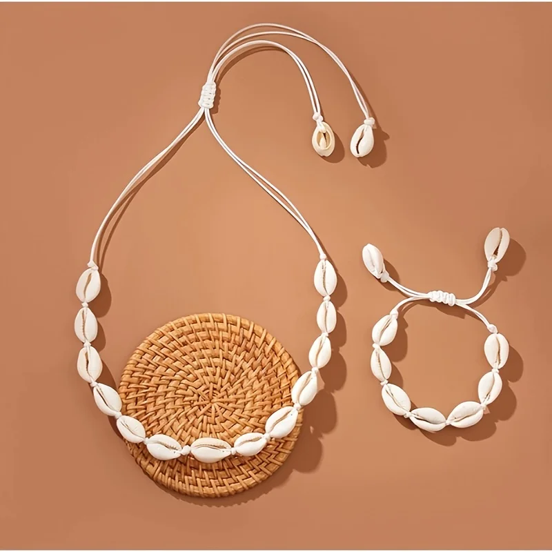 Fashion handmade braided shell necklace bracelet 2pcs set bohemian Women's versatile necklace beach resort style clavicle chain