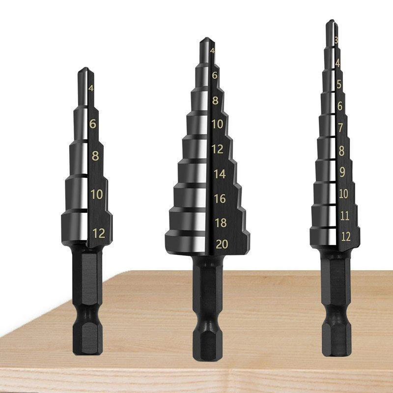 Set di punte per trapano a gradino con scanalatura dritta da 3 pezzi Set di punte per trapano con foro in metallo per legno 3-12/4-12/4-20mm per la lavorazione del legno