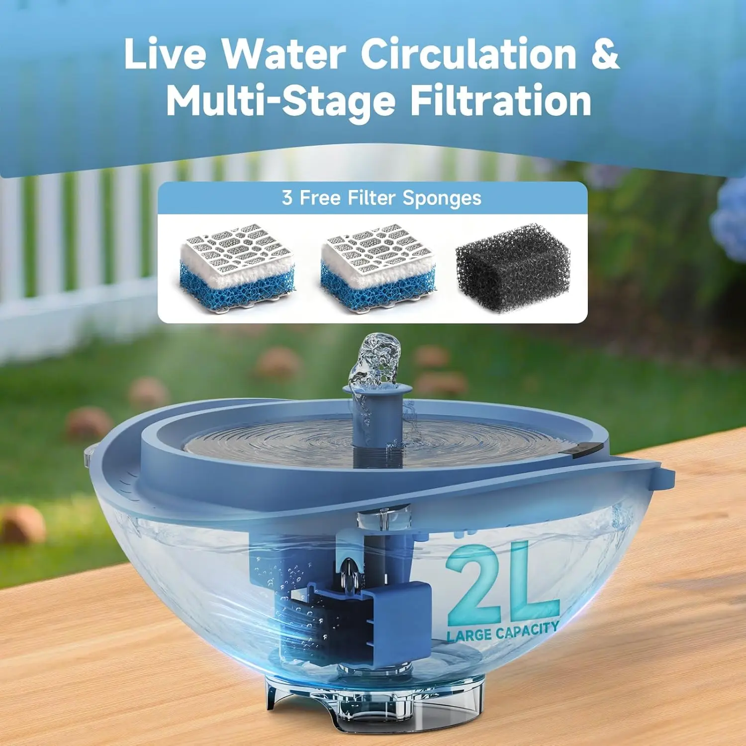 Fontanna solarna do kąpieli ptaków z 3 dyszami, automatyczne zabezpieczenie przed brakiem wody, głęboki błękit - prezent dla ogrodowika