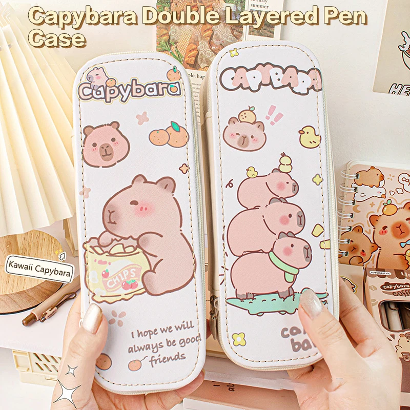 Kawaii Capybara Lápis Cases, Grande Capacidade, Dupla Camada, Saco Lápis, Bolsa, Caixa Titular, Material Escolar e de Escritório do Estudante