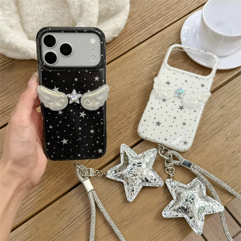

Y2K Angel Wing Star Case For iPhone 15 16 17 Pro Max Cute With Diamond Lanyard Shockproof Cover For Girls