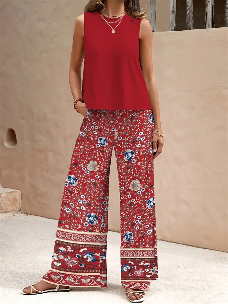 

Summer Fashion Round-neck Sleeveless 2pcs Long Pants Set, Outdoor Fashion Trend Sleeveless Women's Top And Long Pants