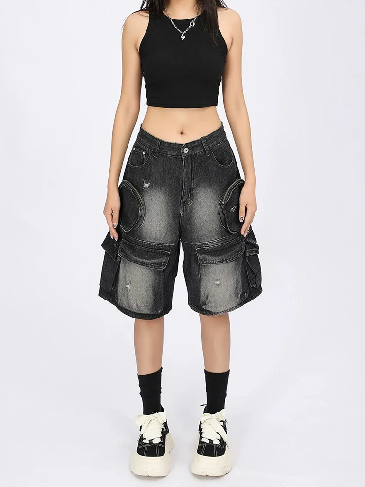 Black High Waist Simple Basic Shorts Fashion Street New Summer Woman Shorts American High Street Casual Loose Denim Women Shorts