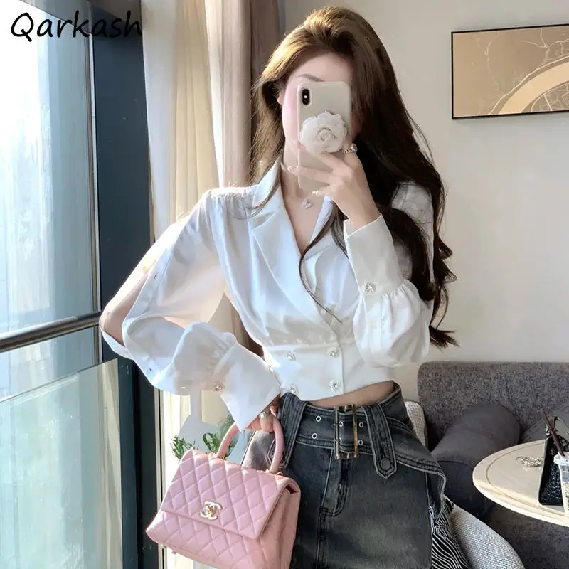 Shirts Women Office Ladies Trendy Casual Elegant Slim Crop Tops All-match Solid Spring Simple Retro Notched Long Sleeve New Chic