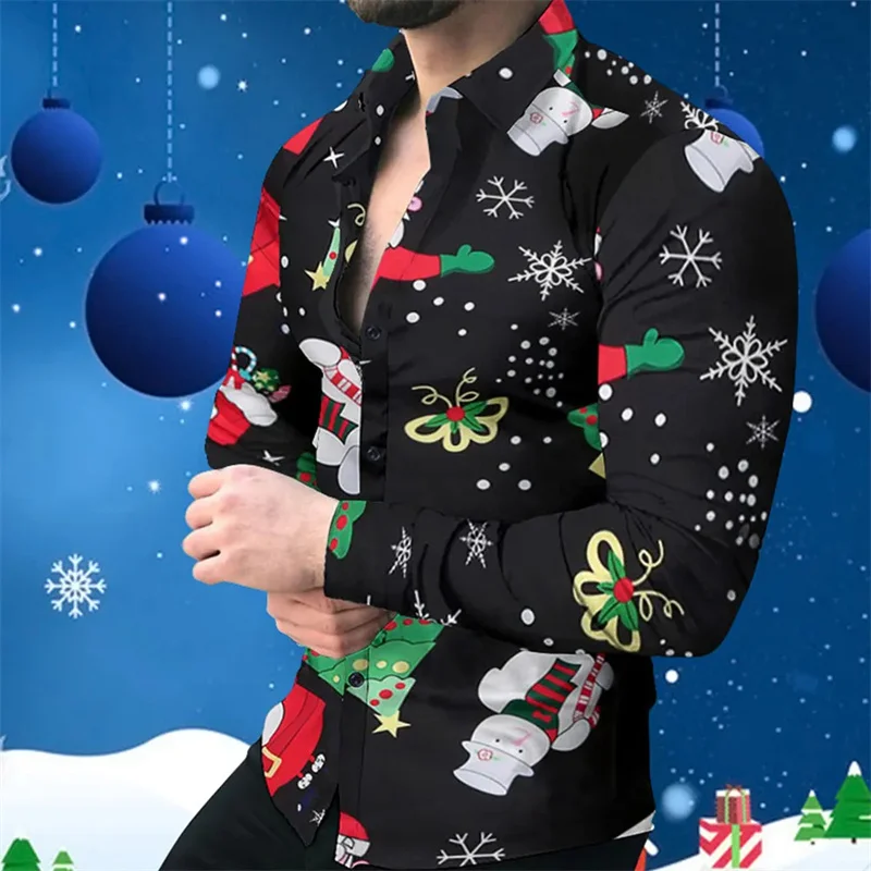 Men's Shirts 2024 Christmas Shirt Long Sleeve Casual Fashion Men's New Year Party Men's Tops Christmas Snowman 3D Printed Shirt