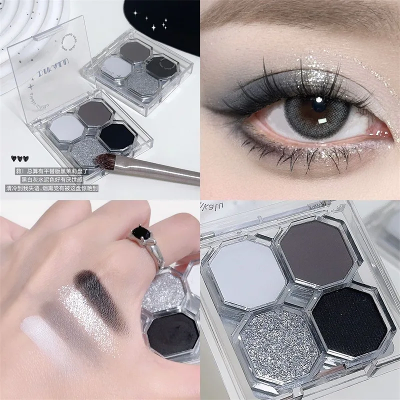 1set European American Punk 4 Colors Eyeshadow Palette Black Jasmine Cat Eye Cement Gray  Shimmer for Beginners