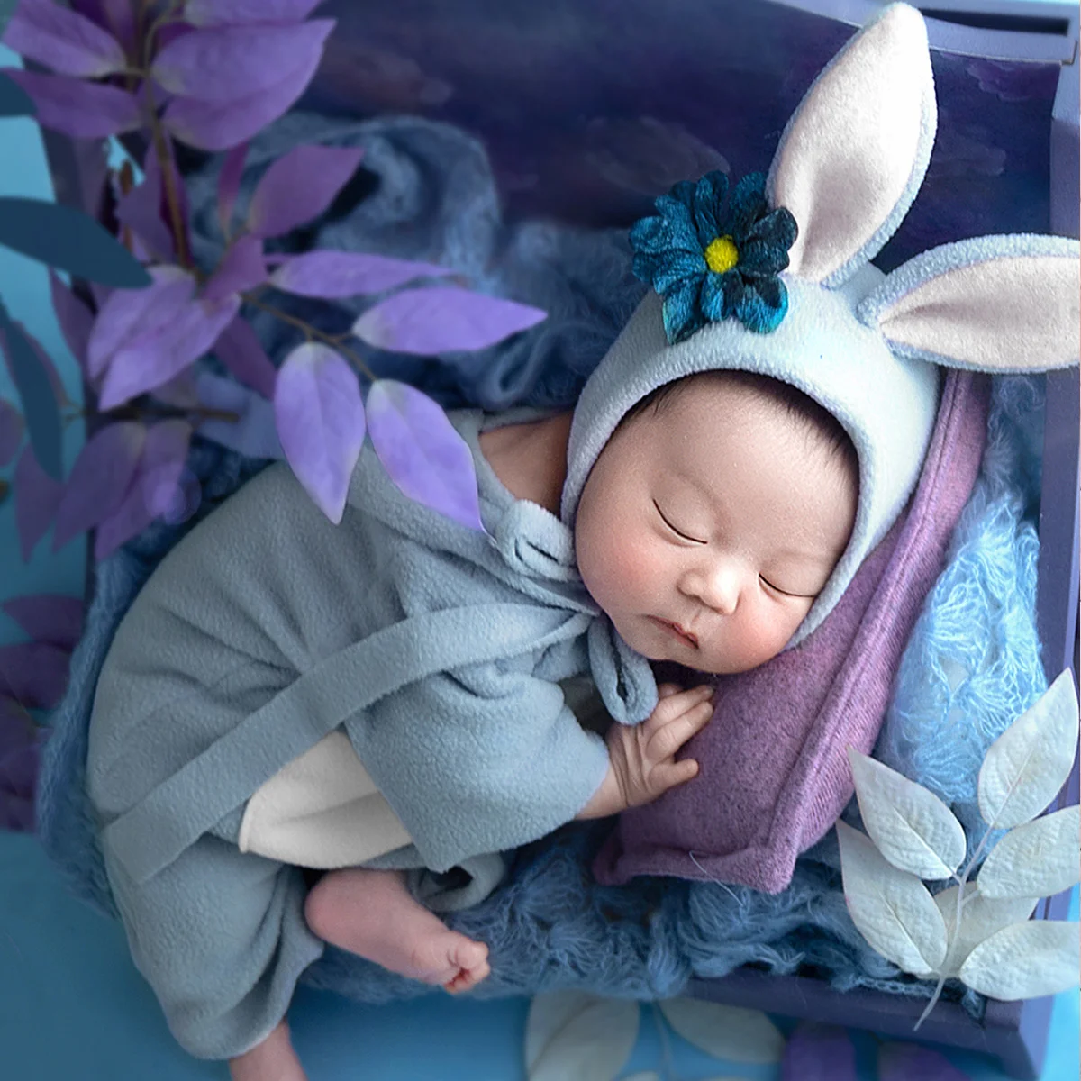 Ylsteed Newborn Photo Shooting Outfits Baby Jumpsuit Overall with Rabbit Ears Hat Infant Photography Accessories